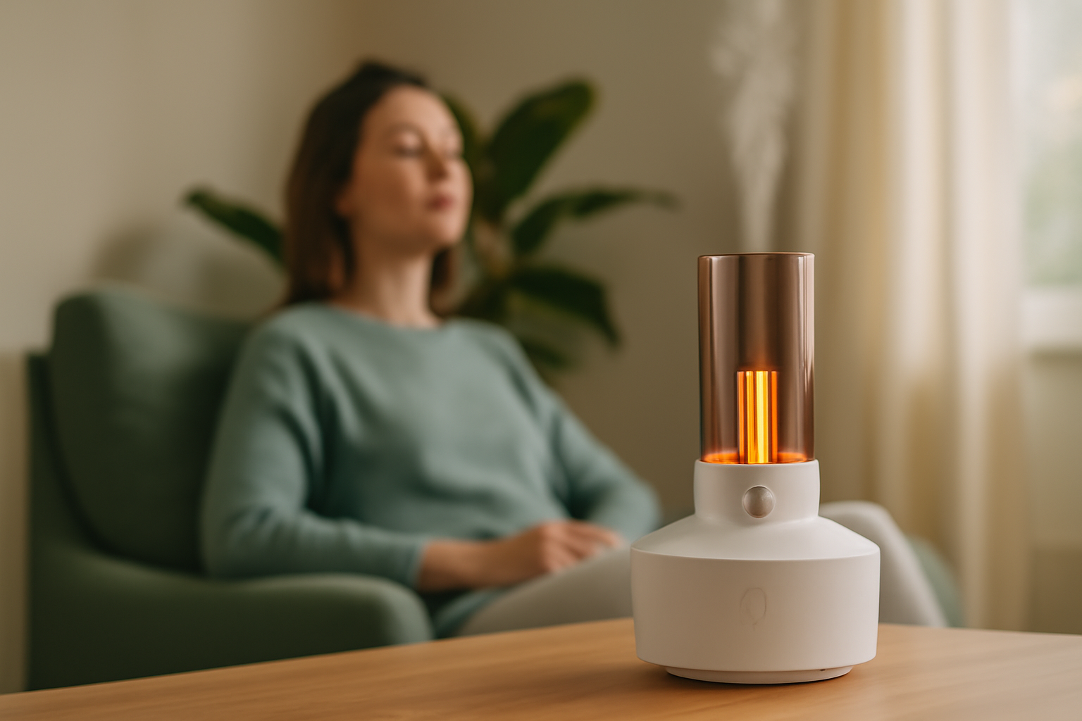 Femme détendue près du diffuseur flamme Le Bain d'Air
