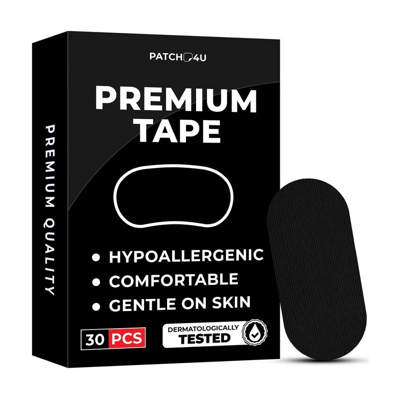 Mouth tape — boîte et patch ovale noir (produit réel)