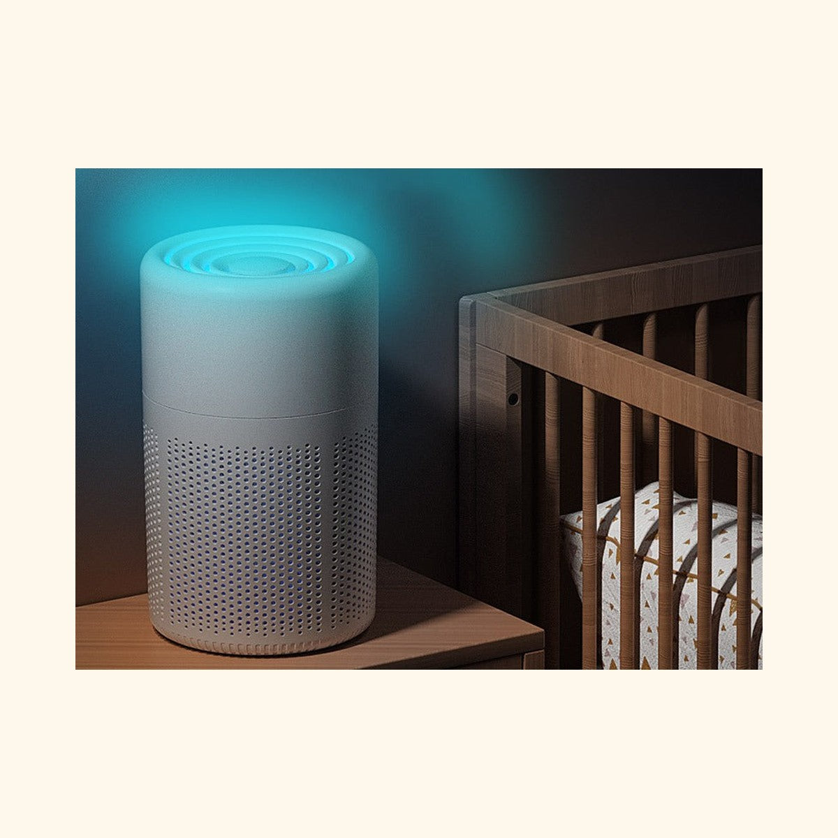 Purificateur d'air HEPA la nuit près d'un lit bébé